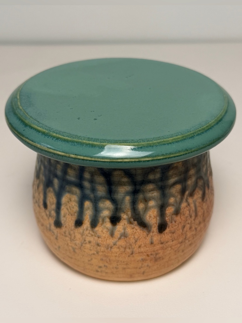Handmade Studio Pottery French Butter Keeper Crock Drip Glaze Green Blue Tan Art - Picture 4 of 8